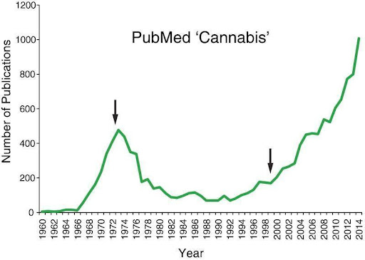 Table illustrating published studies containing the keyword “cannabis” from 1960 until 2014