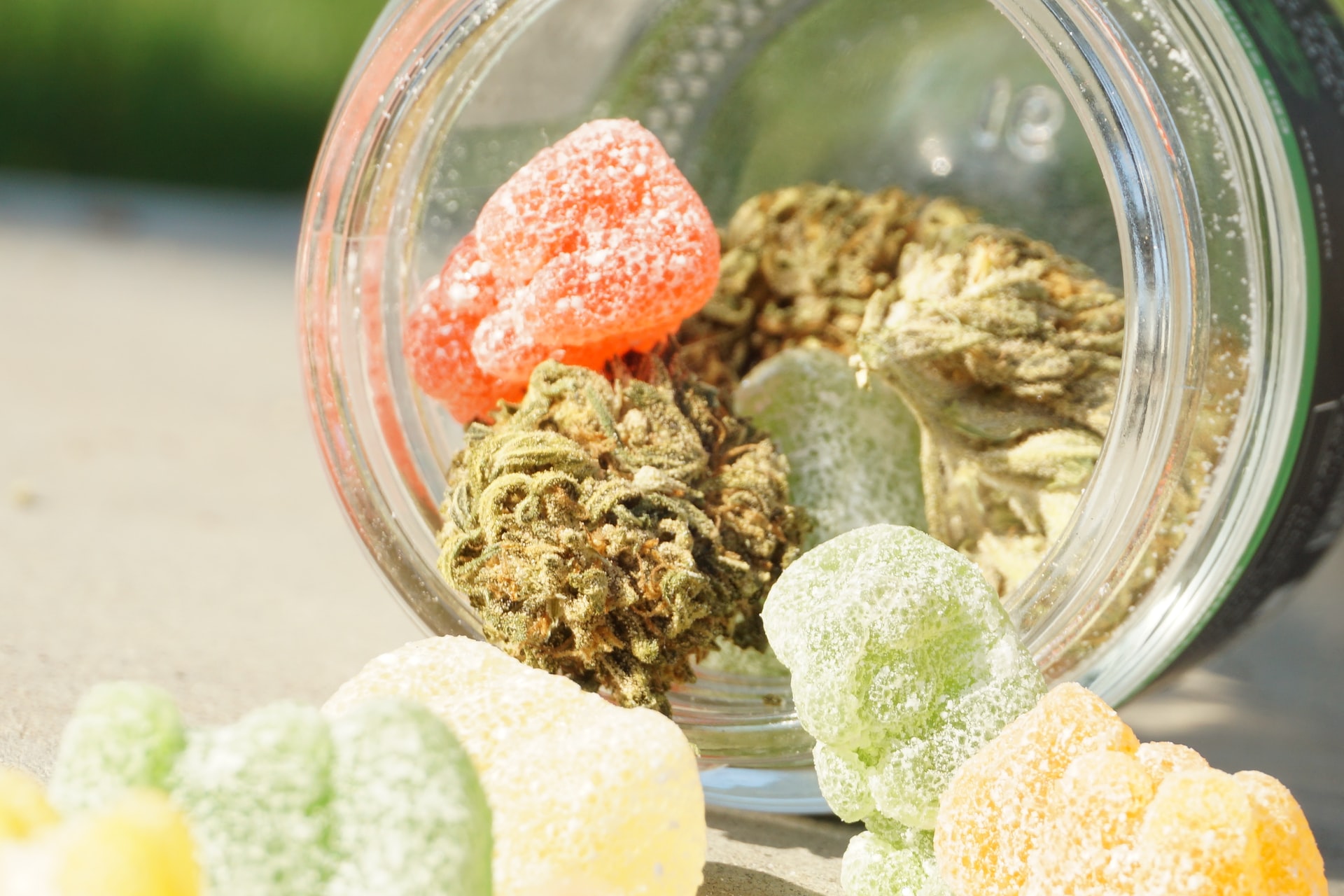 Green and red gummies between a cannabis top in a clear glass bowl